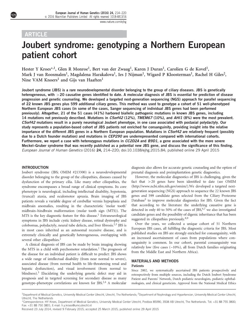 Joubert Syndrome: Genotyping a Northern European Patient Cohort
