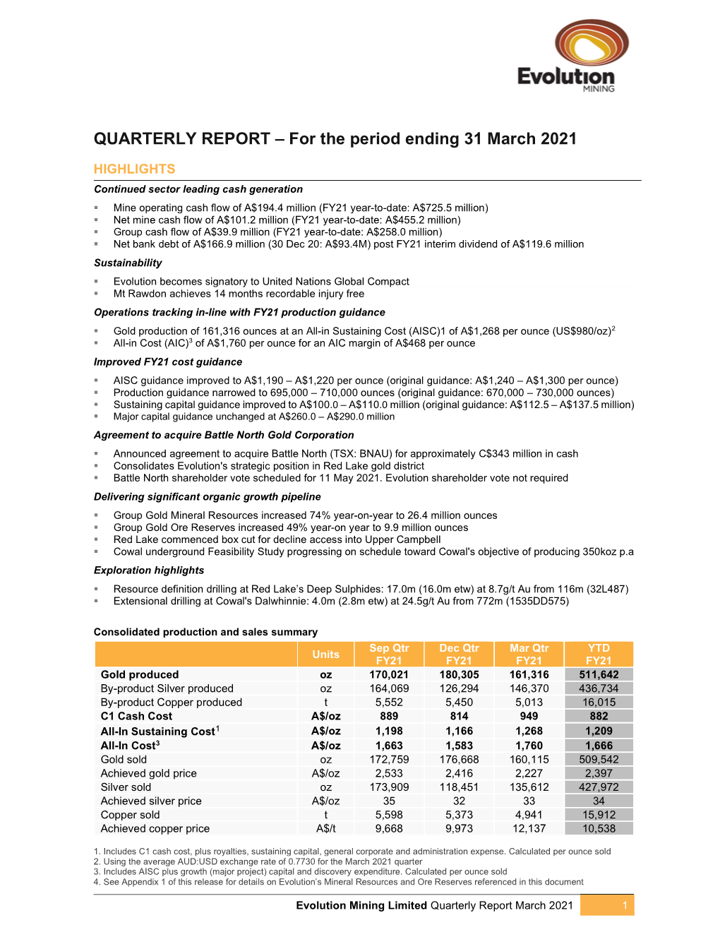 QUARTERLY REPORT – for the Period Ending 31 March 2021