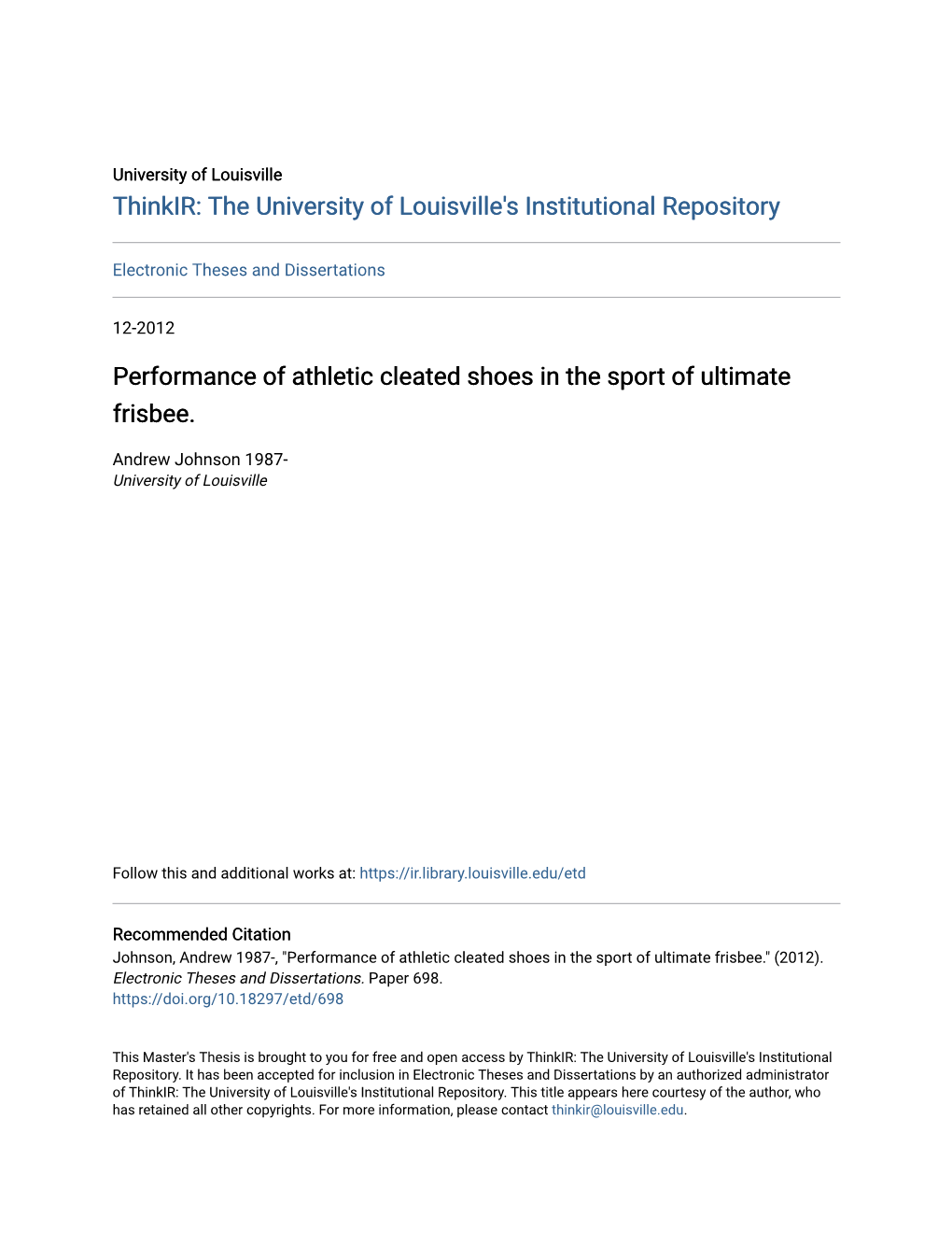 Performance of Athletic Cleated Shoes in the Sport of Ultimate Frisbee