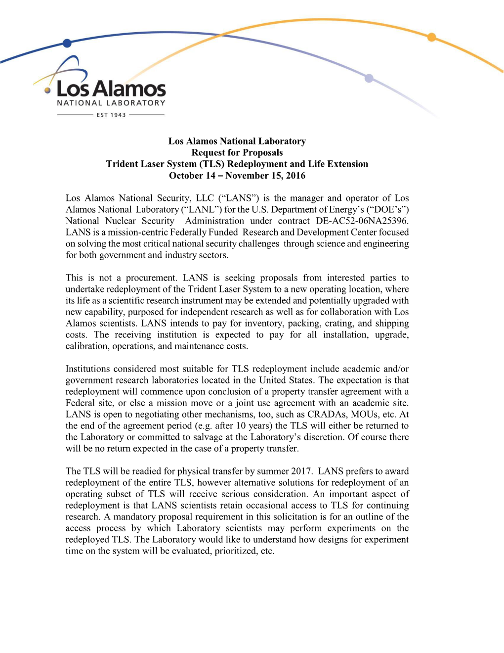 LAUR-16-27650 Los Alamos National Laboratory Request for Proposals