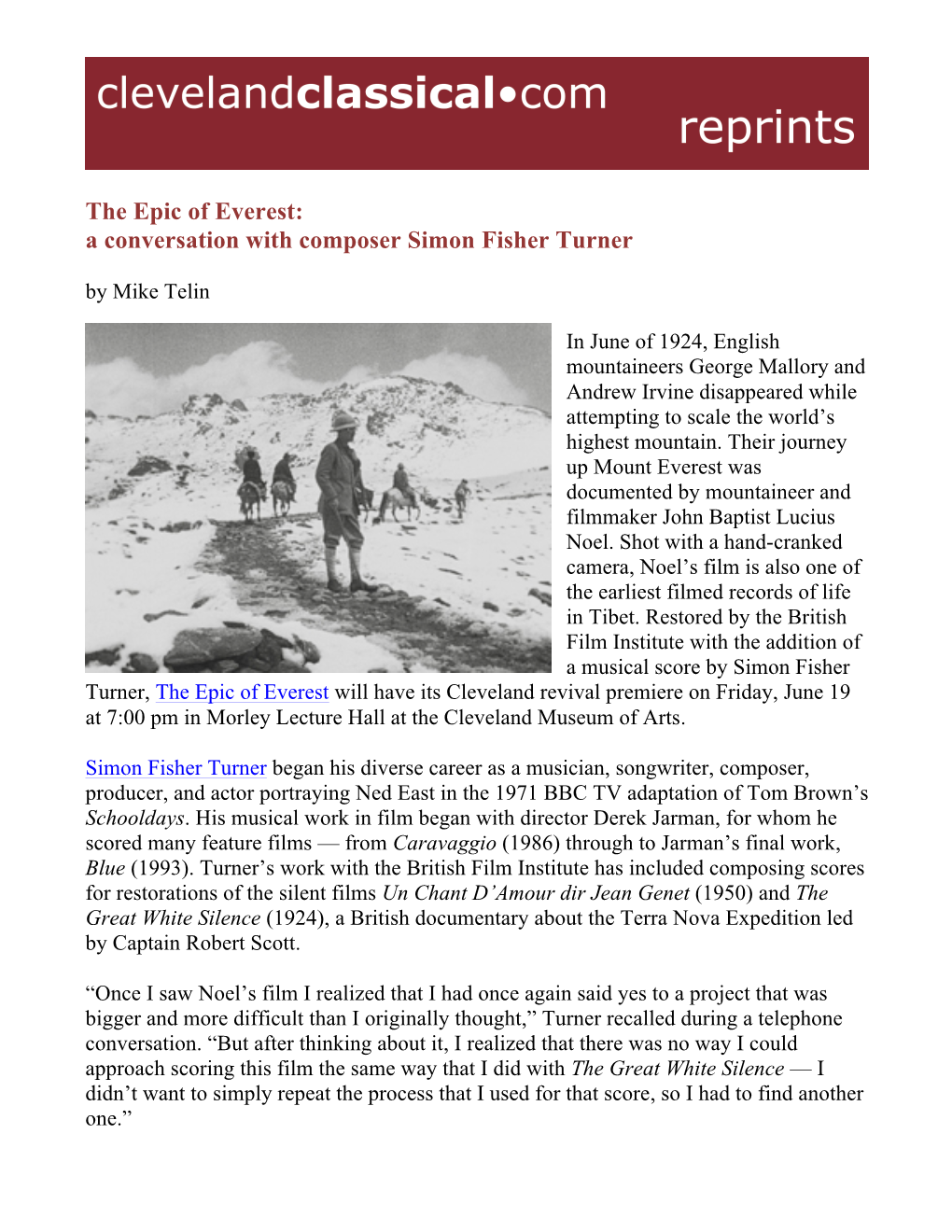 The Epic of Everest: a Conversation with Composer Simon Fisher Turner by Mike Telin