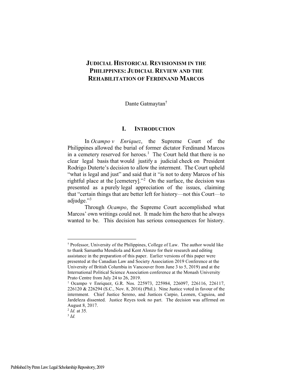 Judicial Historical Revisionism in the Philippines: Judicial Review and the Rehabilitation of Ferdinand Marcos