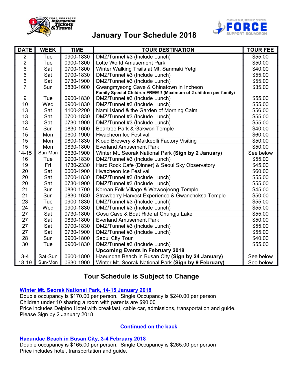 Tour Schedule Is Subject to Change