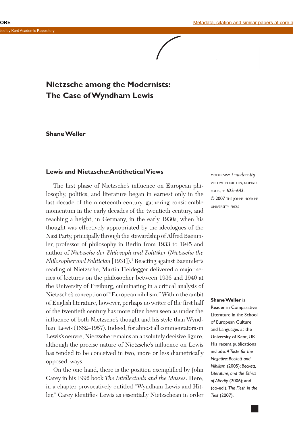 Nietzsche Among the Modernists: the Case of Wyndham Lewis