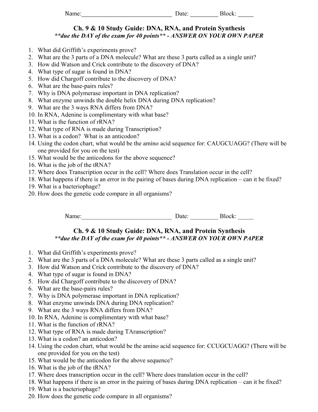 Ch. 9 & 10 Study Guide: DNA, RNA, and Protein Synthesis