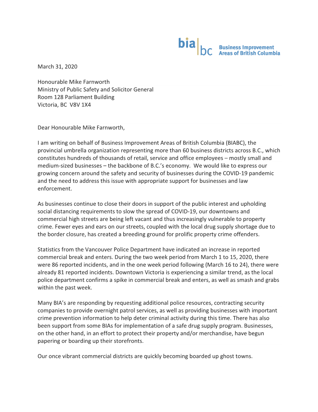 Letter to Minister Mike Farnworth Re. Security March 31, 2020