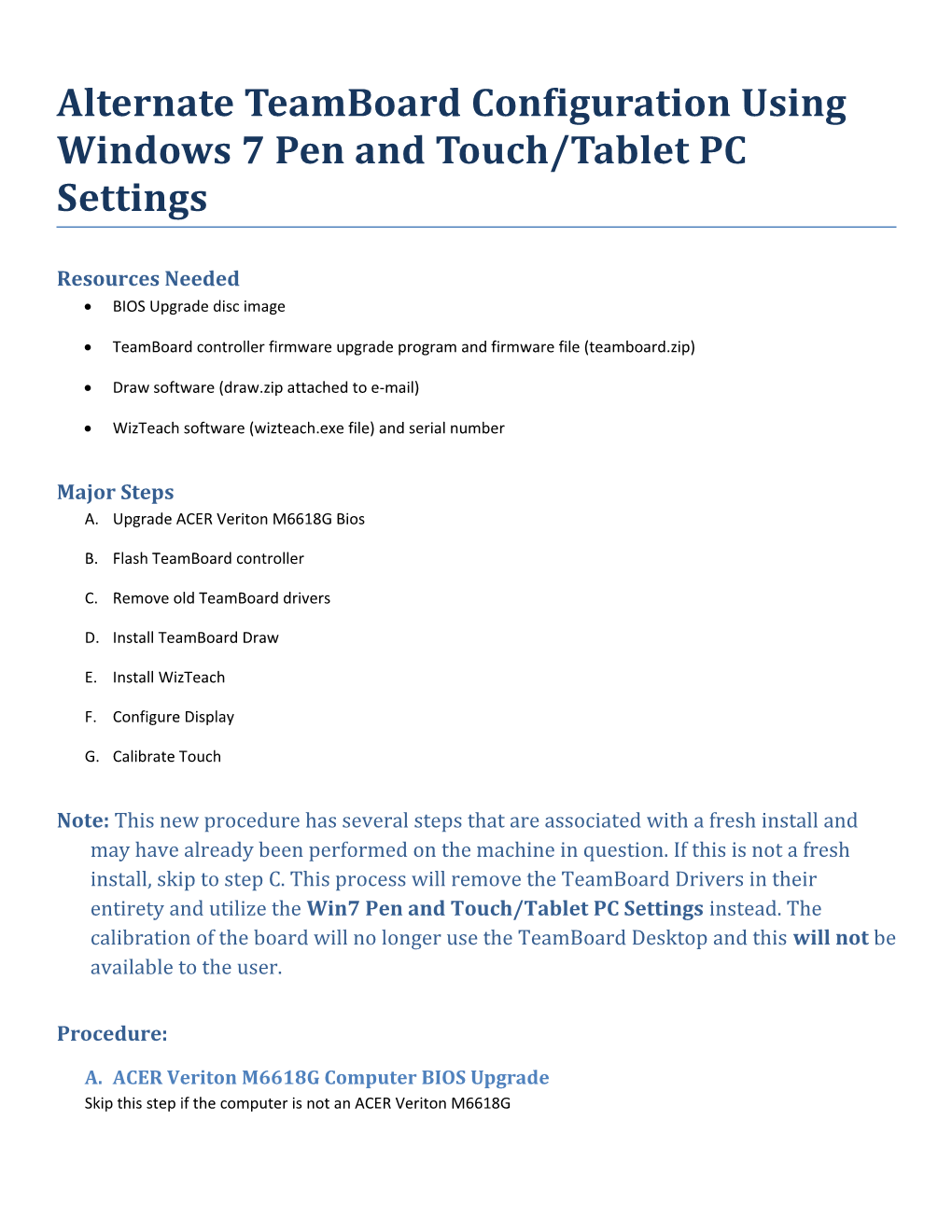 Alternate Teamboard Configuration Using Windows 7 Pen and Touch/Tablet PC Settings