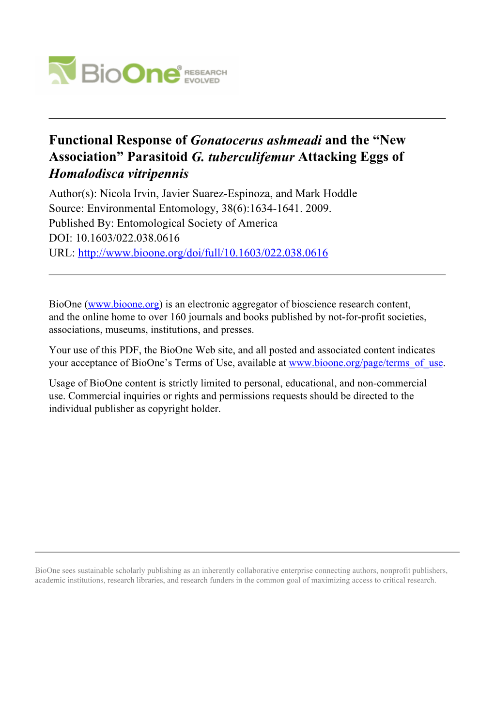 Functional Response of Gonatocerus Ashmeadi and the “New Association” Parasitoid G