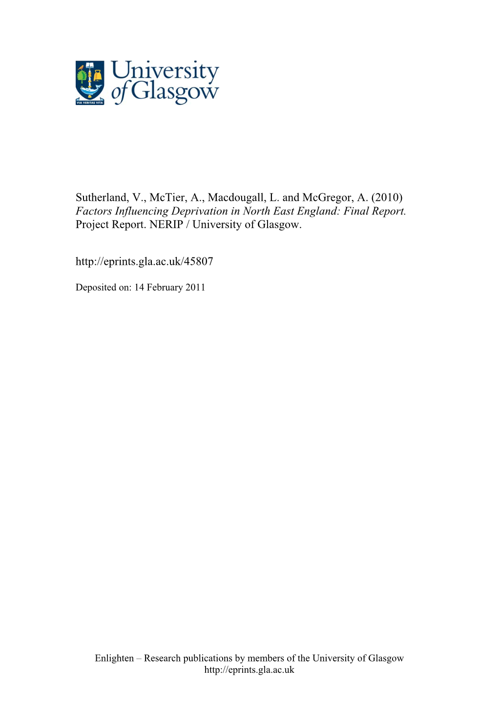 Factors Influencing Deprivation in North East England: Final Report