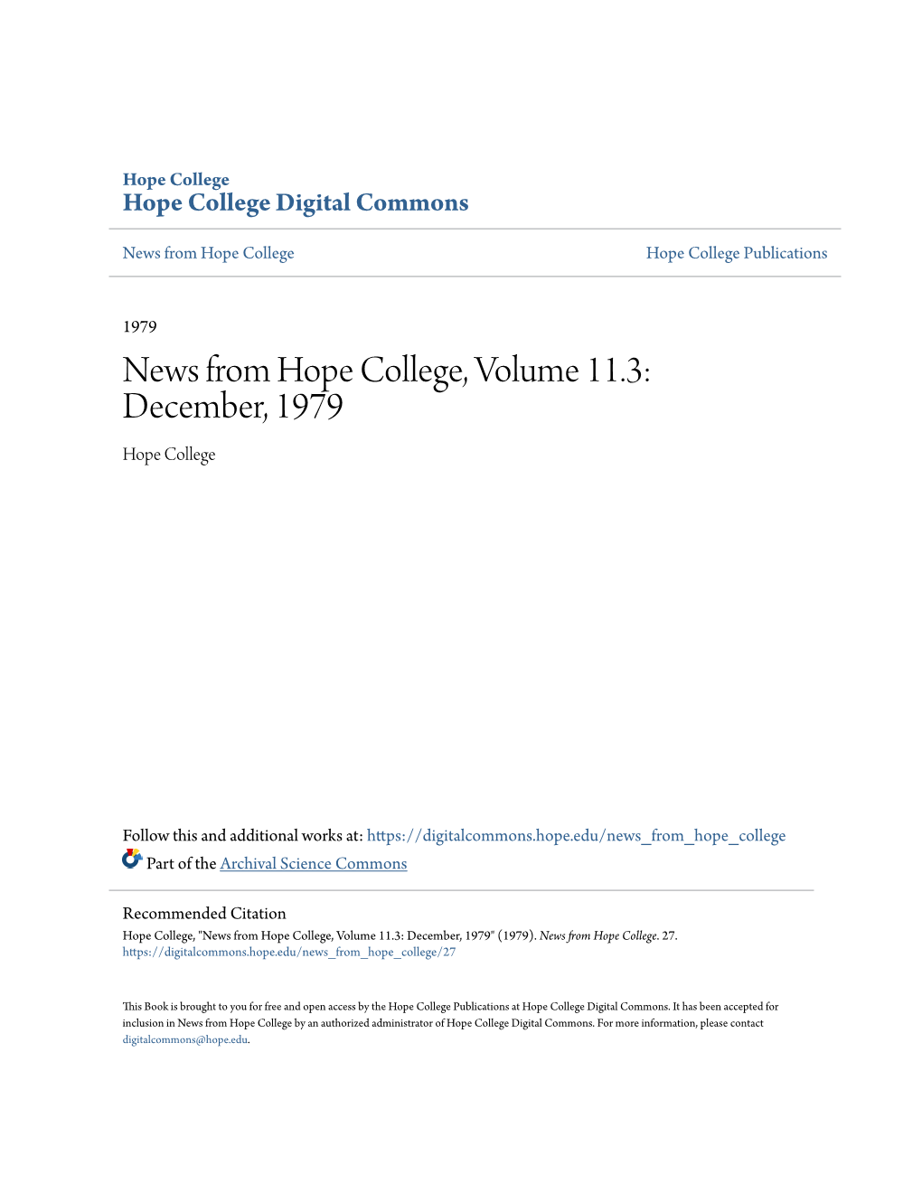 News from Hope College, Volume 11.3: December, 1979 Hope College