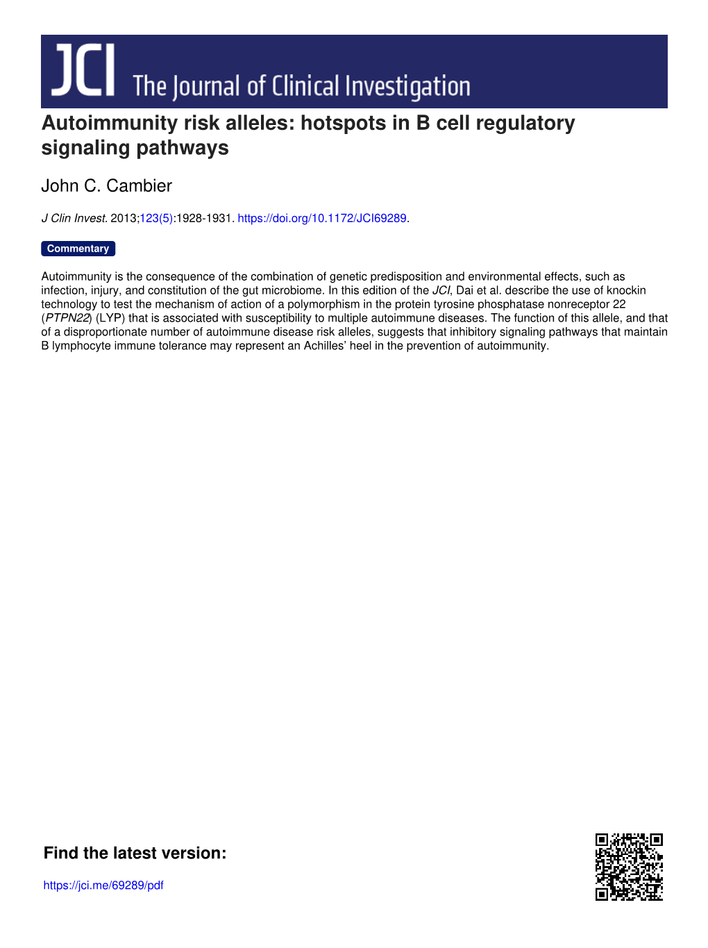 Autoimmunity Risk Alleles: Hotspots in B Cell Regulatory Signaling Pathways