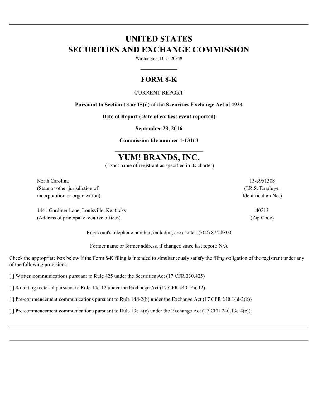 United States Securities and Exchange Commission Yum