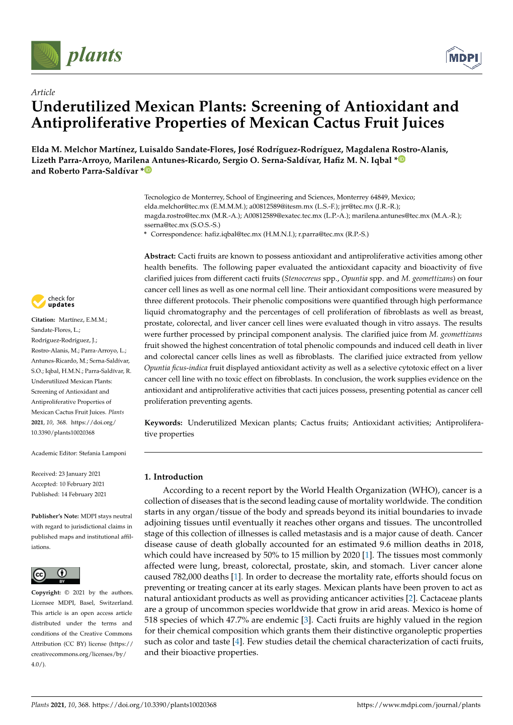 Underutilized Mexican Plants: Screening of Antioxidant and Antiproliferative Properties of Mexican Cactus Fruit Juices