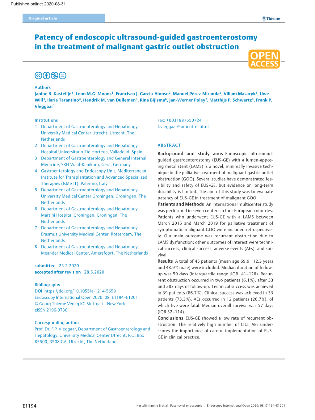 Patency of Endoscopic Ultrasound-Guided Gastroenterostomy in the Treatment of Malignant Gastric Outlet Obstruction