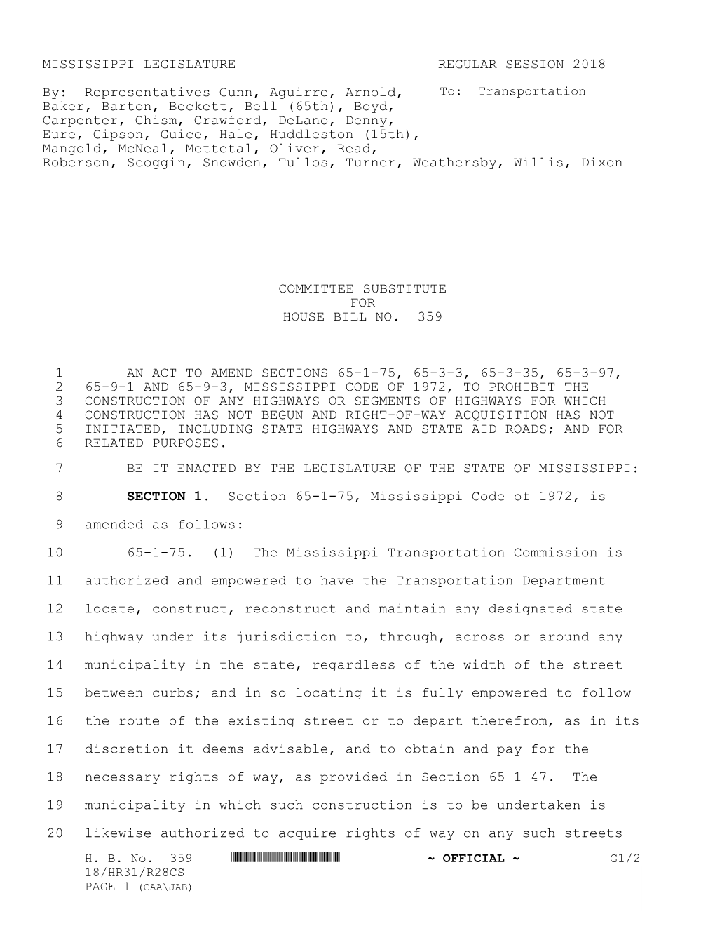 MISSISSIPPI LEGISLATURE REGULAR SESSION 2018 By