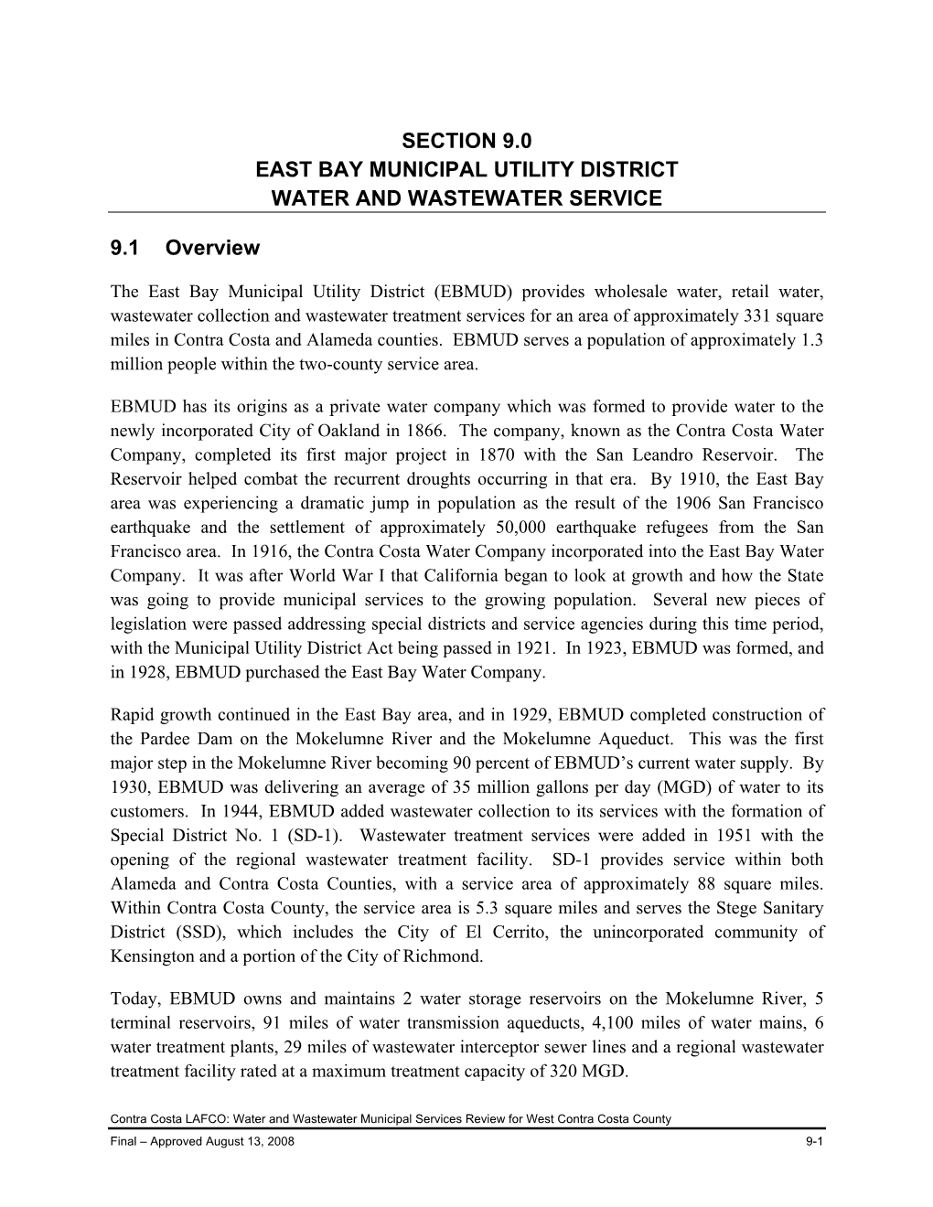 Section 9.0 East Bay Municipal Utility District Water and Wastewater Service