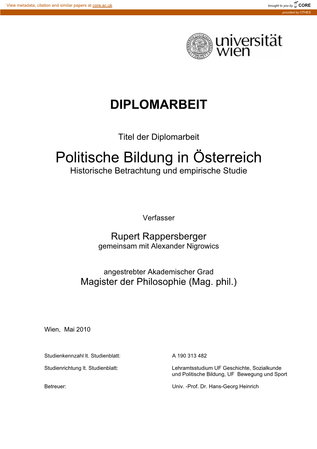 Politische Bildung in Österreich Historische Betrachtung Und Empirische Studie