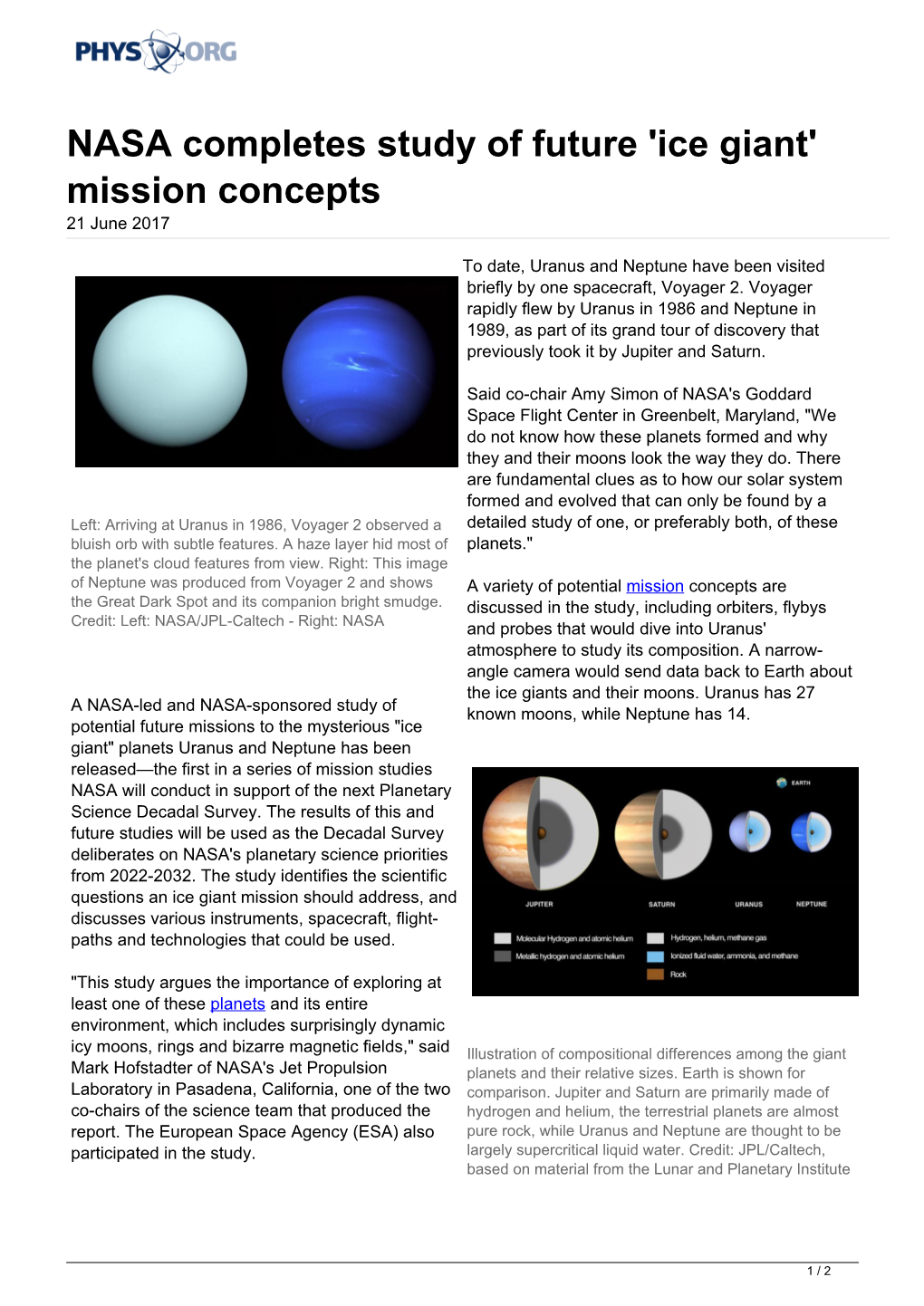 NASA Completes Study of Future 'Ice Giant' Mission Concepts 21 June 2017