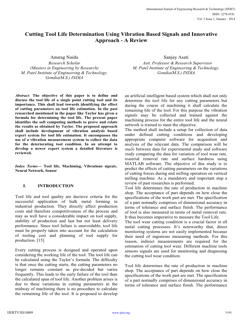 Cutting Tool Life Determination Using Vibration Based Signals and Innovative Approach - a Review