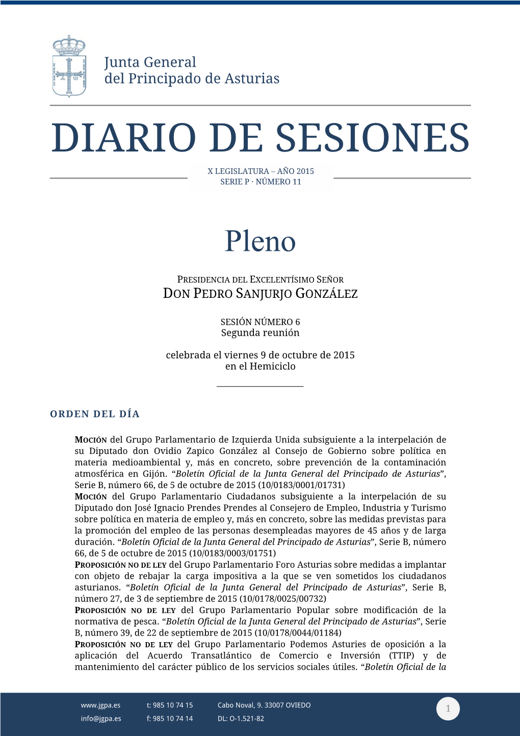 Diario De Sesiones X Legislatura – Año 2015 Serie P · Número 11