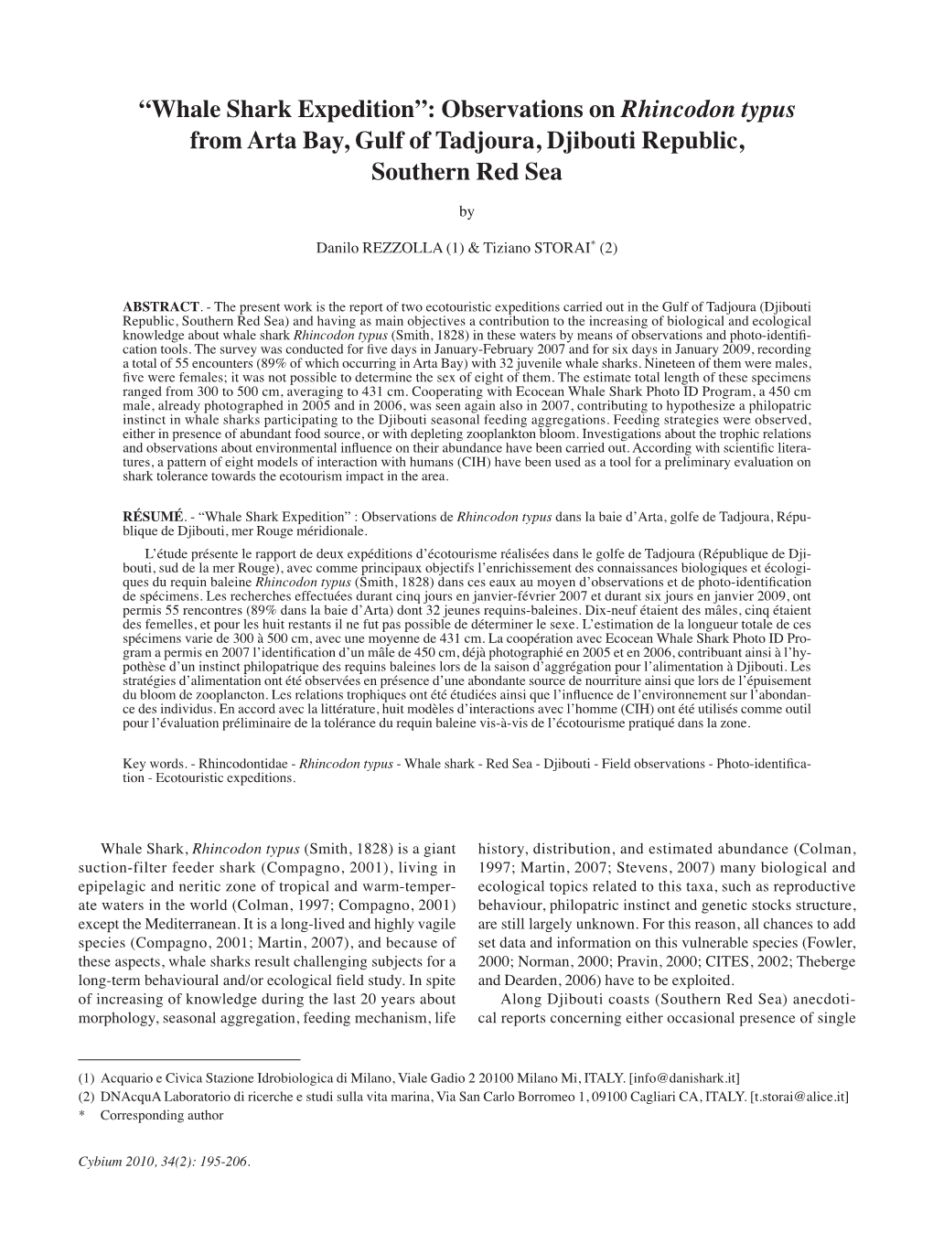 “Whale Shark Expedition”: Observations on Rhincodon Typus from Arta Bay, Gulf of Tadjoura, Djibouti Republic, Southern Red Sea