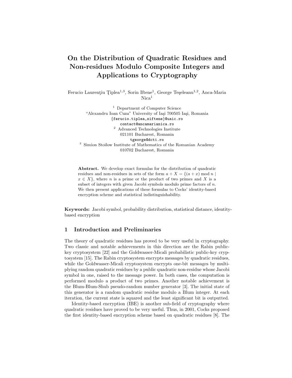 On the Distribution of Quadratic Residues and Non-Residues Modulo Composite Integers and Applications to Cryptography