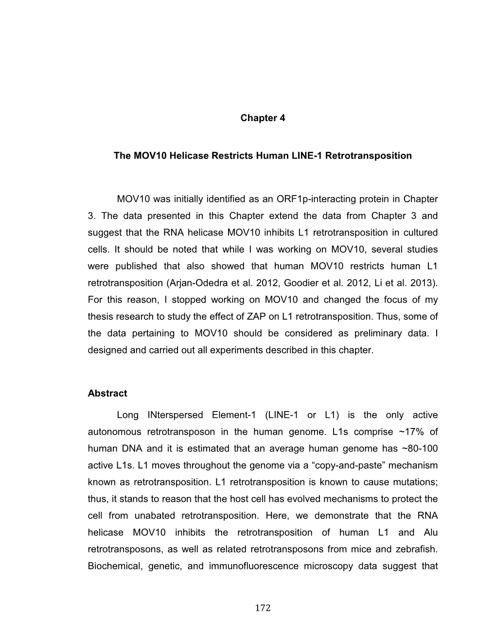 172 Chapter 4 the MOV10 Helicase Restricts Human LINE-1