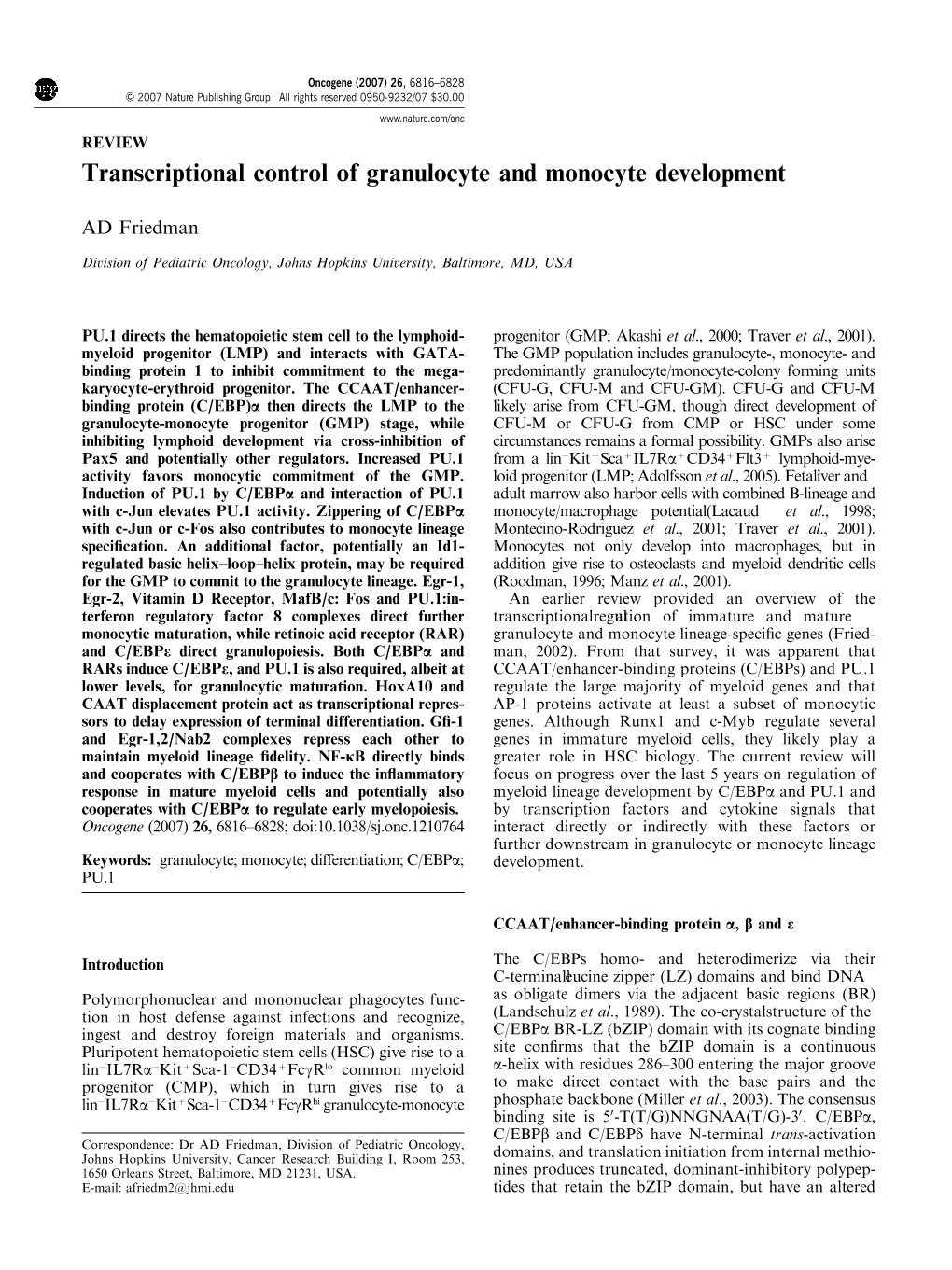 Transcriptional Control of Granulocyte and Monocyte Development