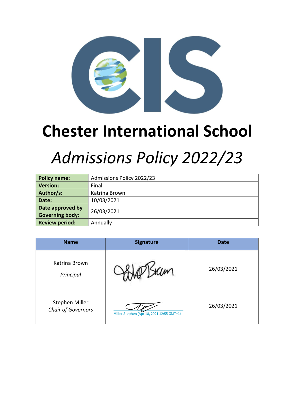 Chester International School Admissions Policy 2022/23