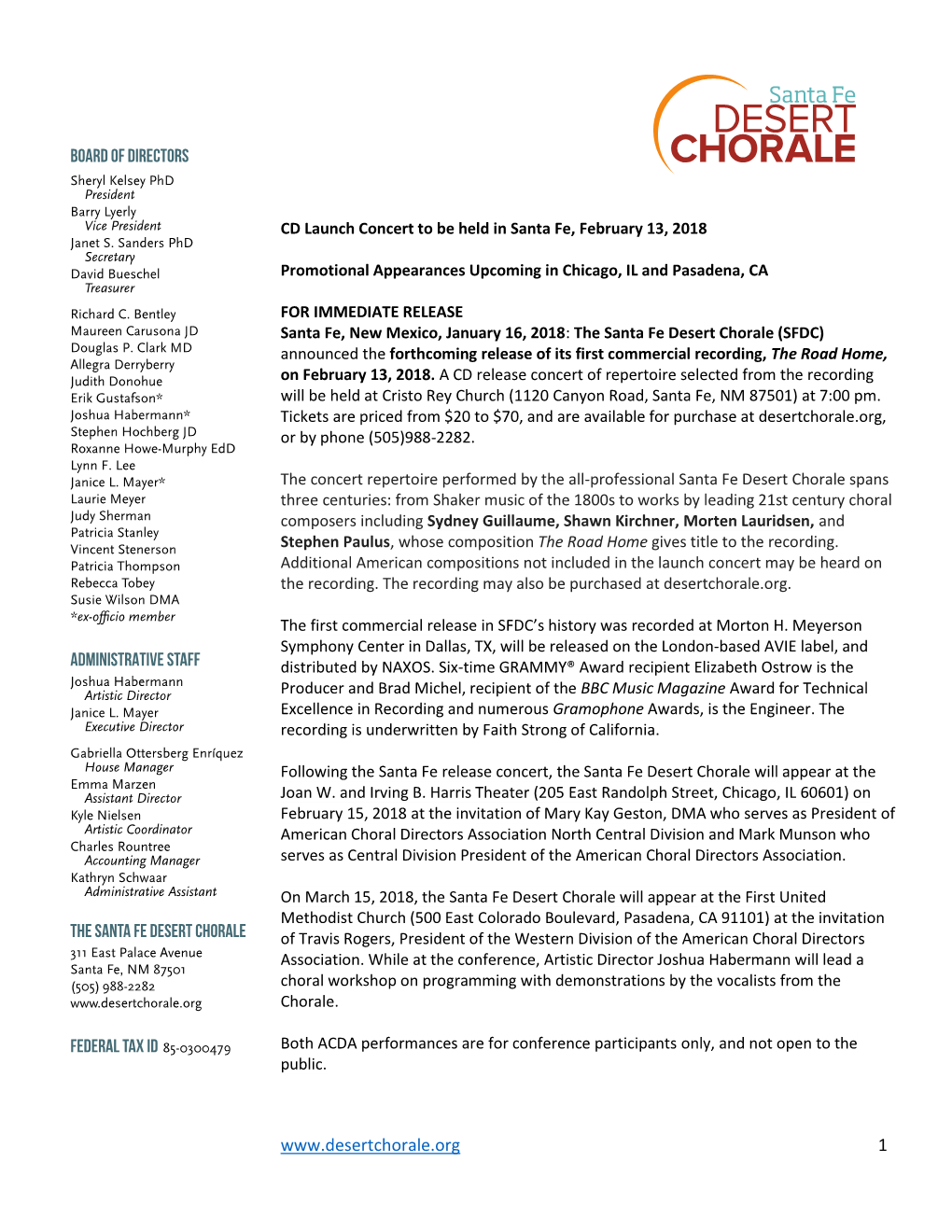 Santa Fe Desert Chorale Announces the Forthcoming Release of Its