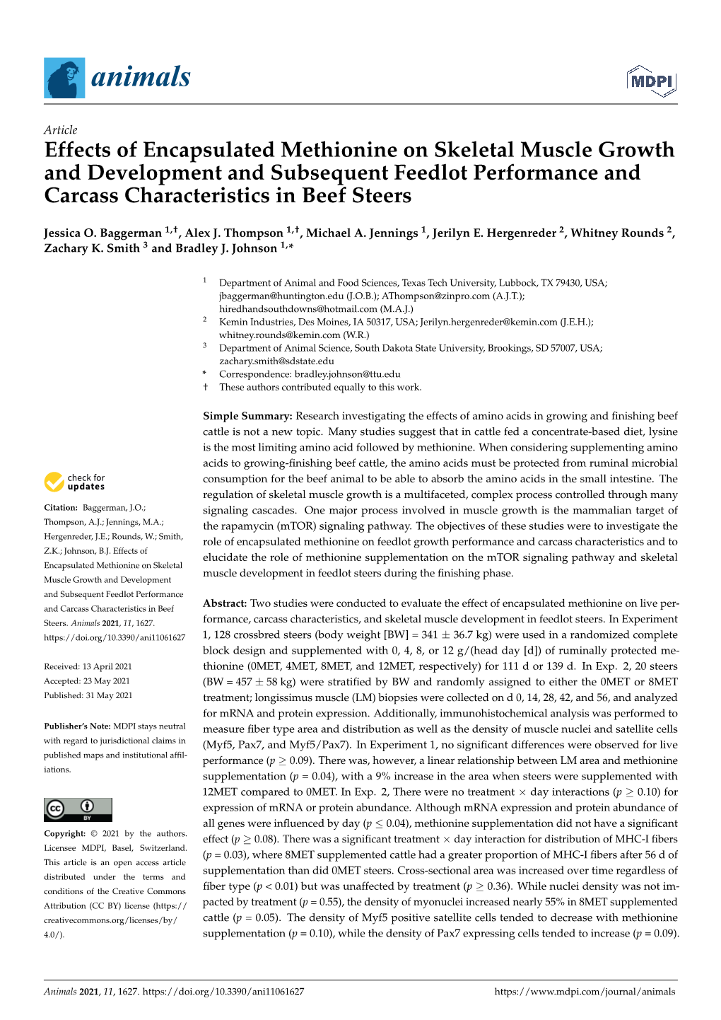 Effects of Encapsulated Methionine on Skeletal Muscle Growth and Development and Subsequent Feedlot Performance and Carcass Characteristics in Beef Steers