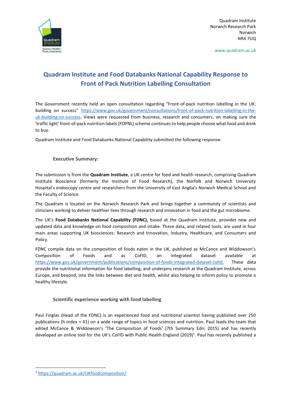 Quadram Institute and Food Databanks National Capability Response to Front of Pack Nutrition Labelling Consultation