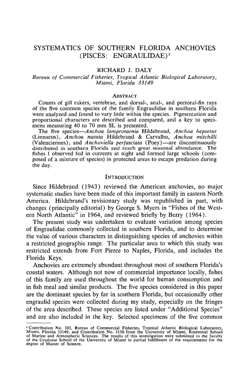 Systematics of Southern Florida Anchovies (Pisces: Engraulidae)1