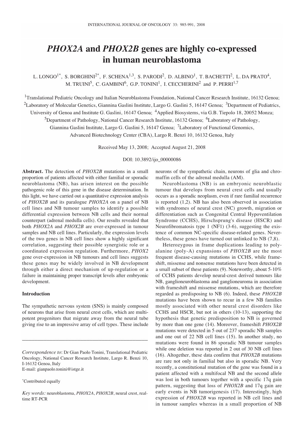 PHOX2A and PHOX2B Genes Are Highly Co-Expressed in Human Neuroblastoma