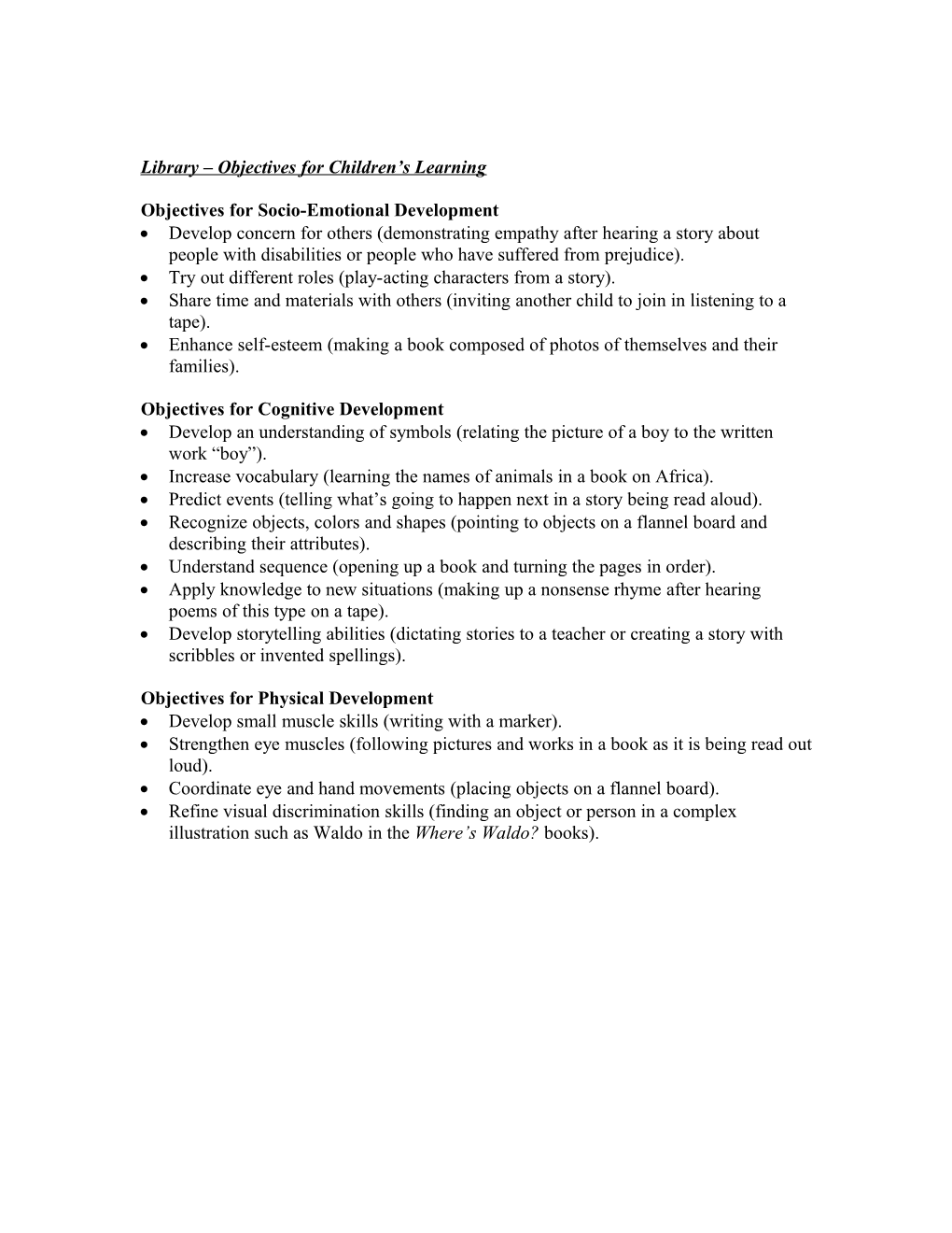 Library Objectives for Children S Learning