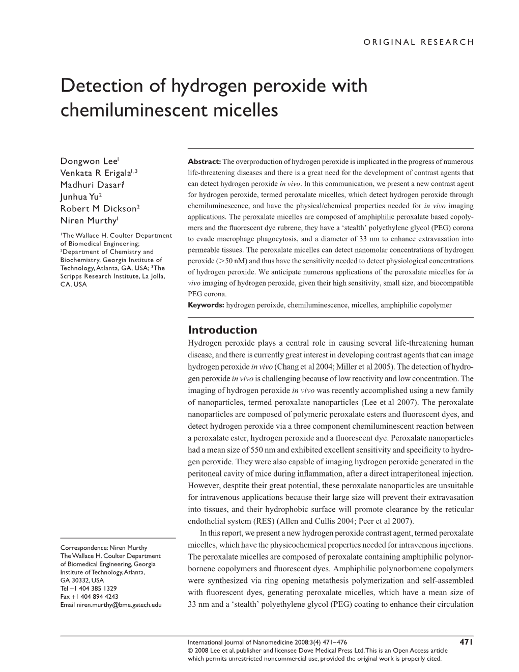 Detection of Hydrogen Peroxide with Chemiluminescent Micelles