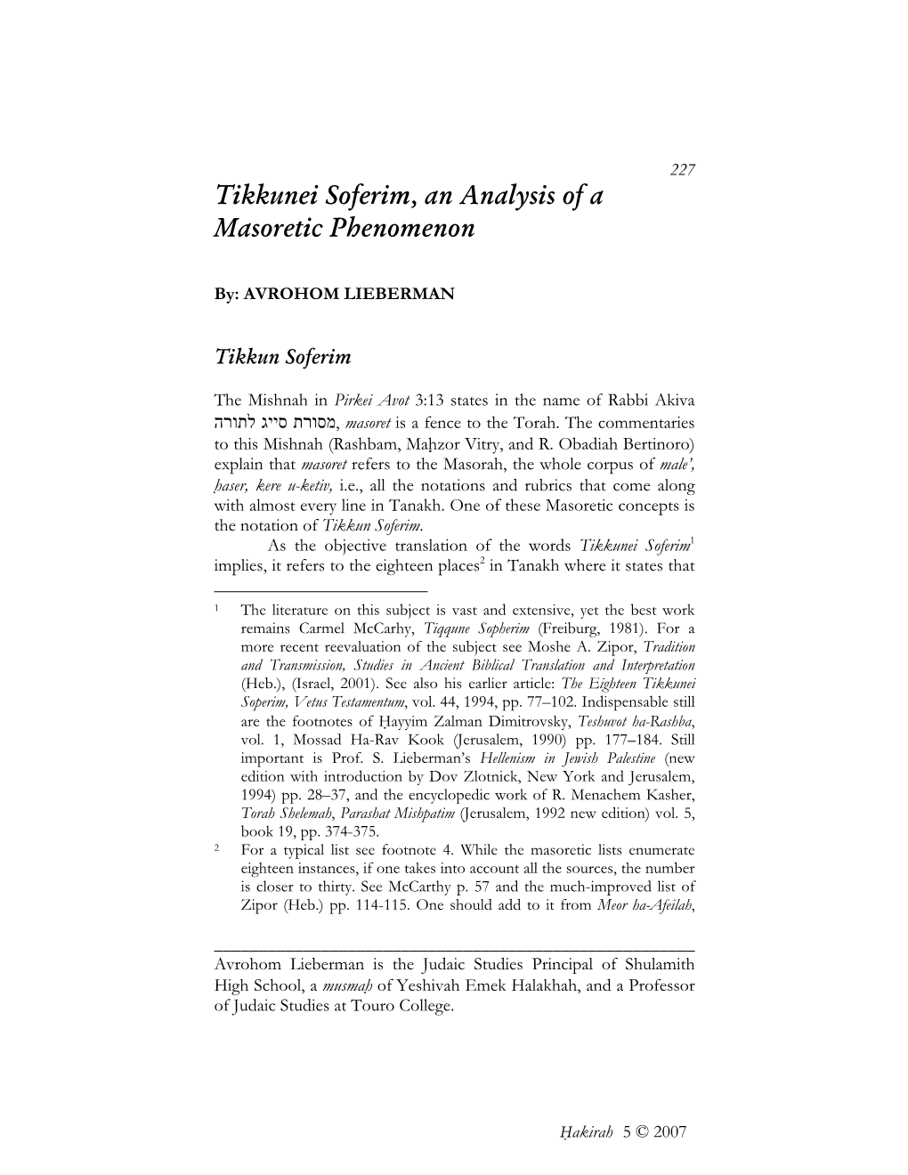 Tikkunei Soferim, an Analysis of a Masoretic Phenomenon
