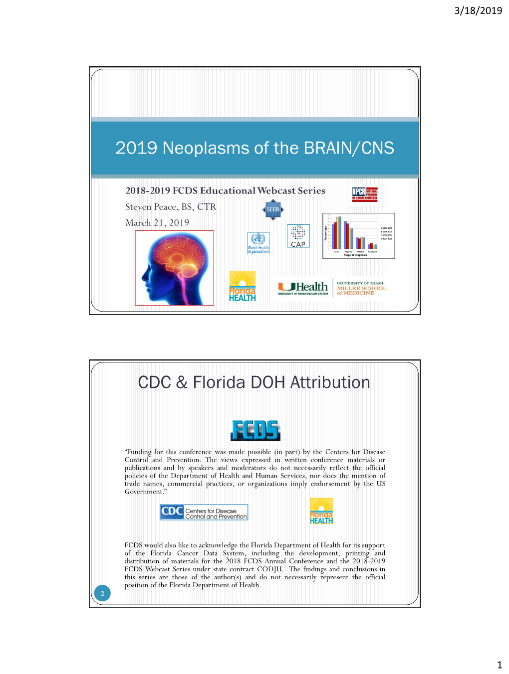 2019 Neoplasms of the BRAIN/CNS CDC & Florida DOH Attribution