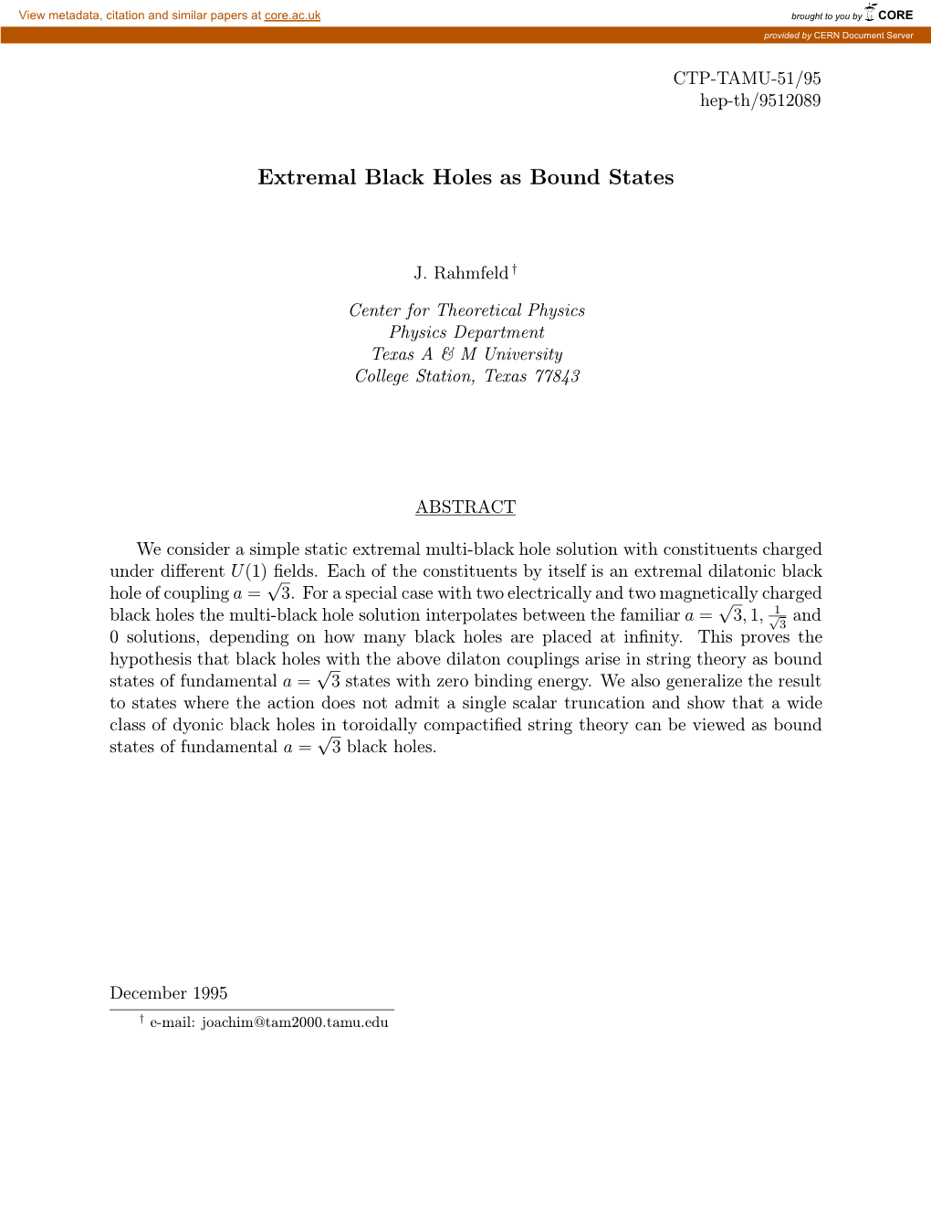 Extremal Black Holes As Bound States