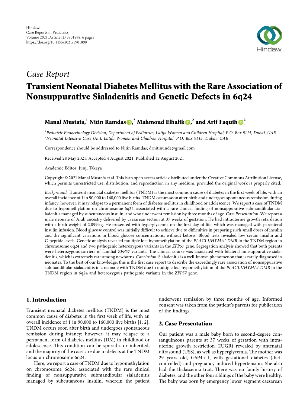 Transient Neonatal Diabetes Mellitus with the Rare Association of Nonsuppurative Sialadenitis and Genetic Defects in 6Q24