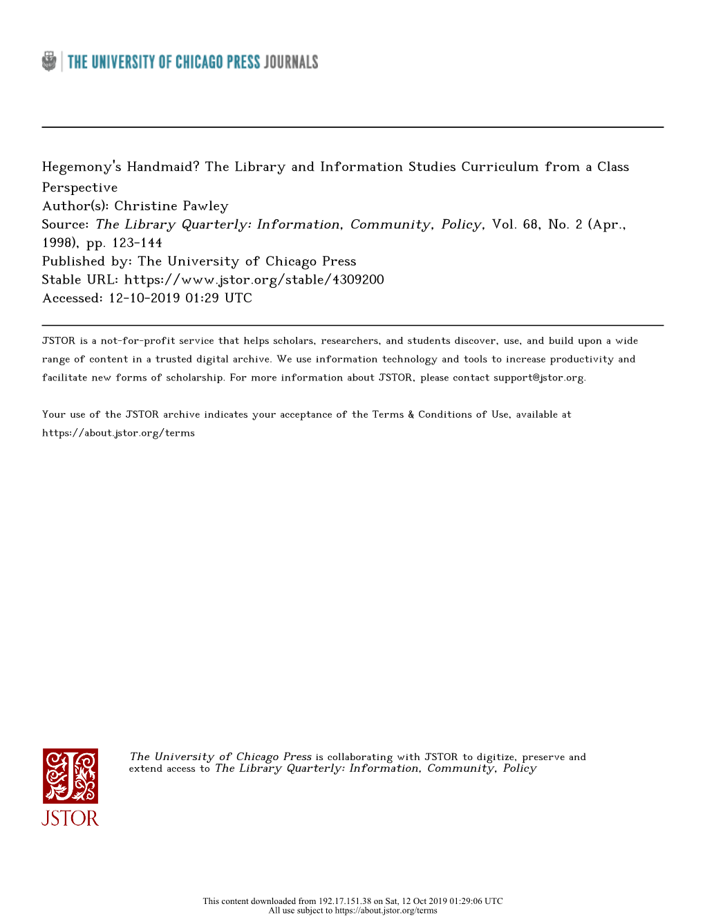 Hegemony's Handmaid? the Library and Information Studies Curriculum