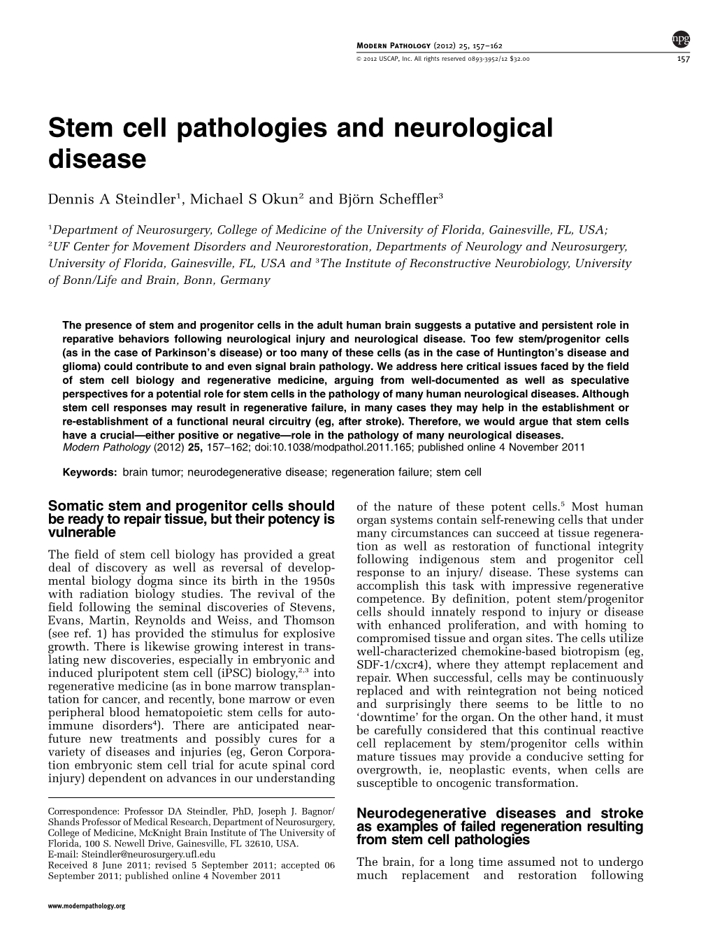 Stem Cell Pathologies and Neurological Disease