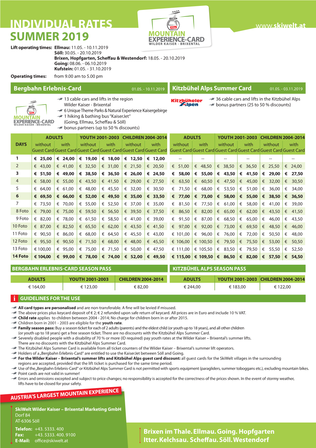 Mountain Experience Card Summer 2019