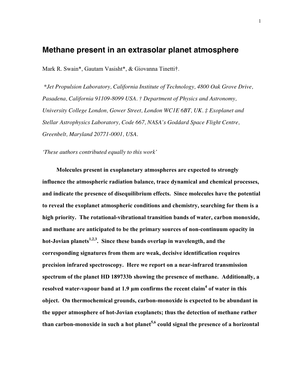 Methane Present in an Extrasolar Planet Atmosphere