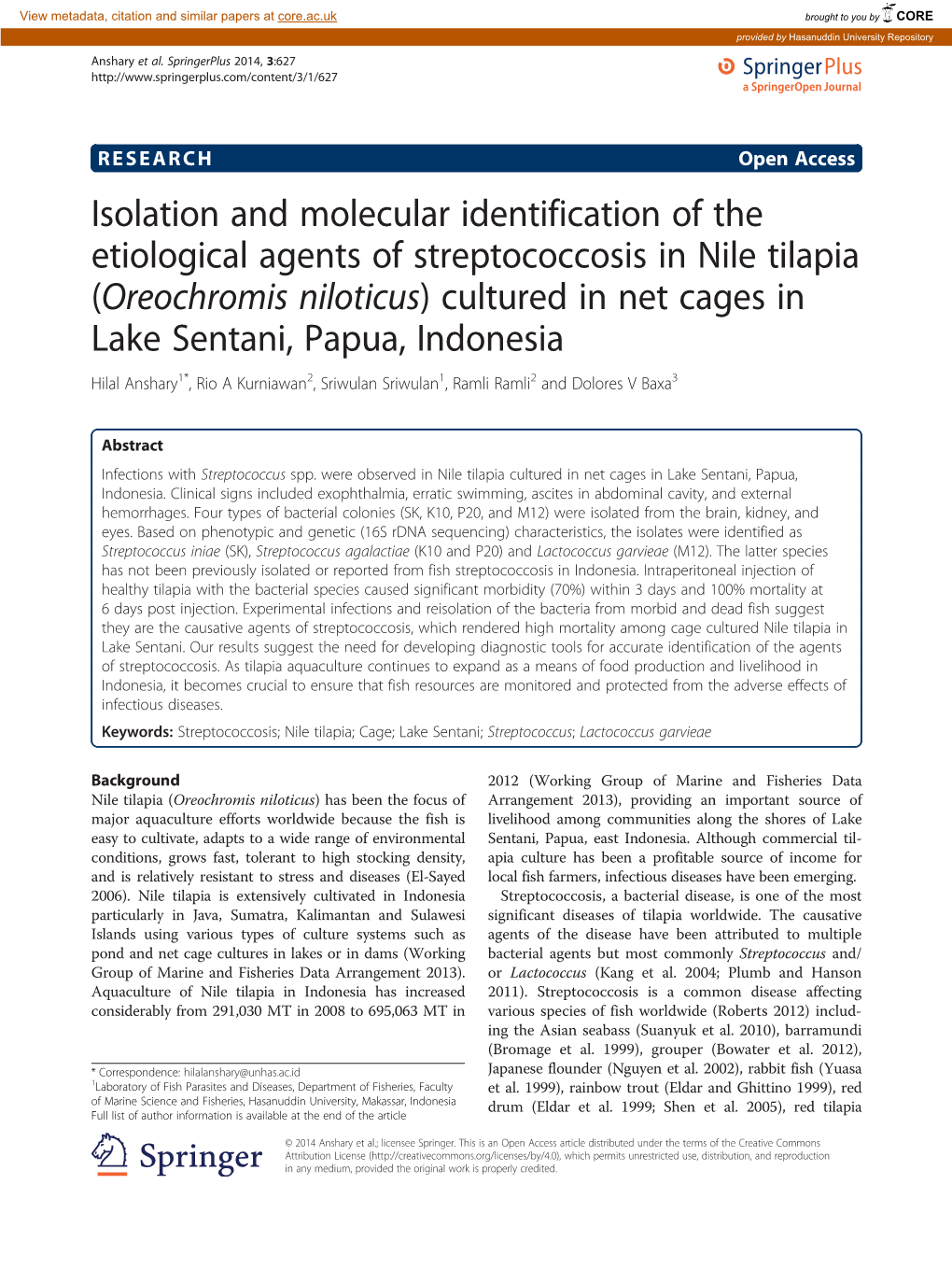 Isolation and Molecular Identification of the Etiological Agents of Streptococcosis in Nile Tilapia