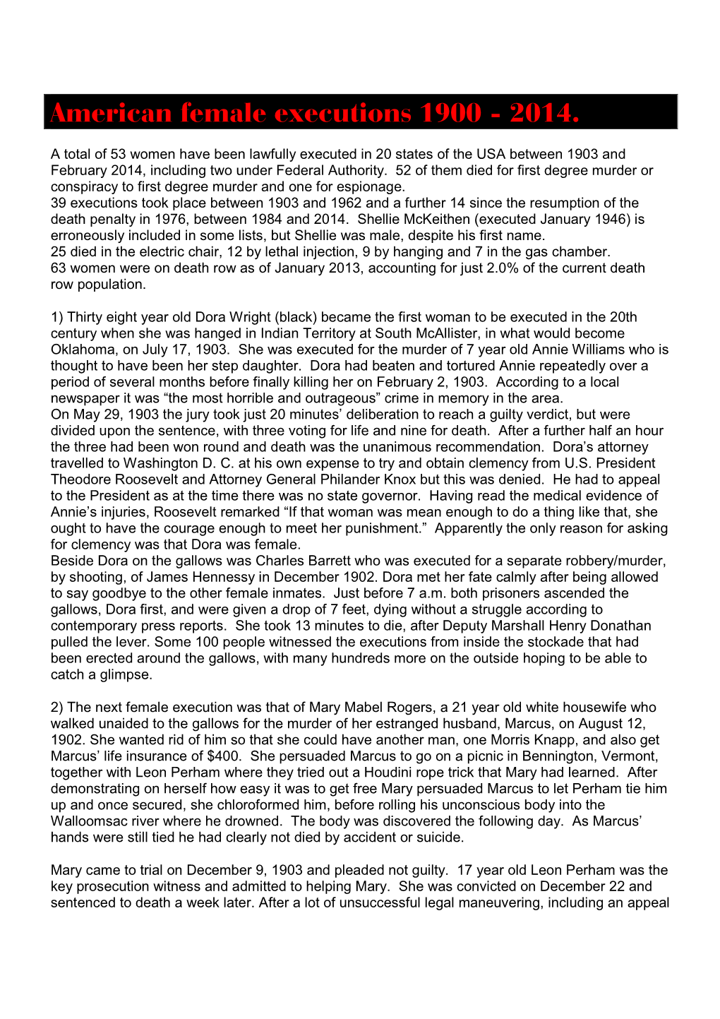 American Female Executions 1900 - 2014