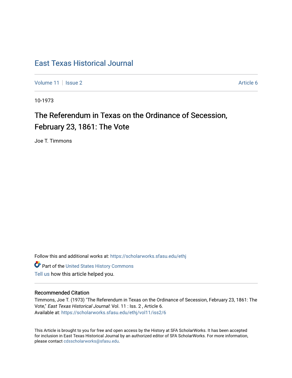 The Referendum in Texas on the Ordinance of Secession, February 23, 1861: the Vote