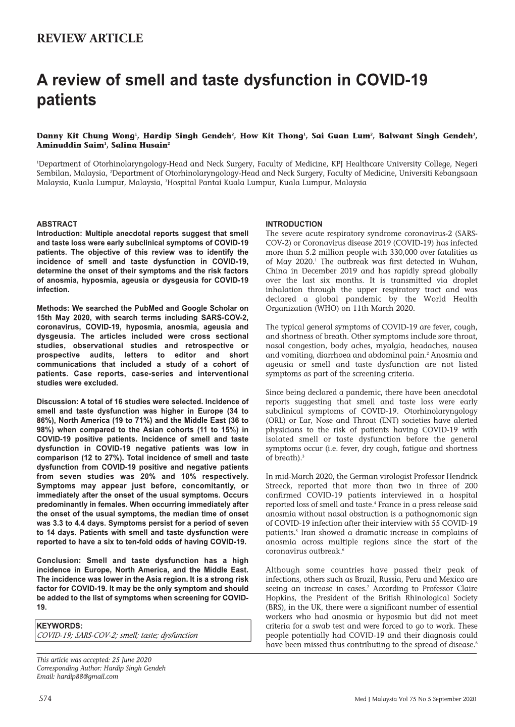 A Review of Smell and Taste Dysfunction in COVID-19 Patients