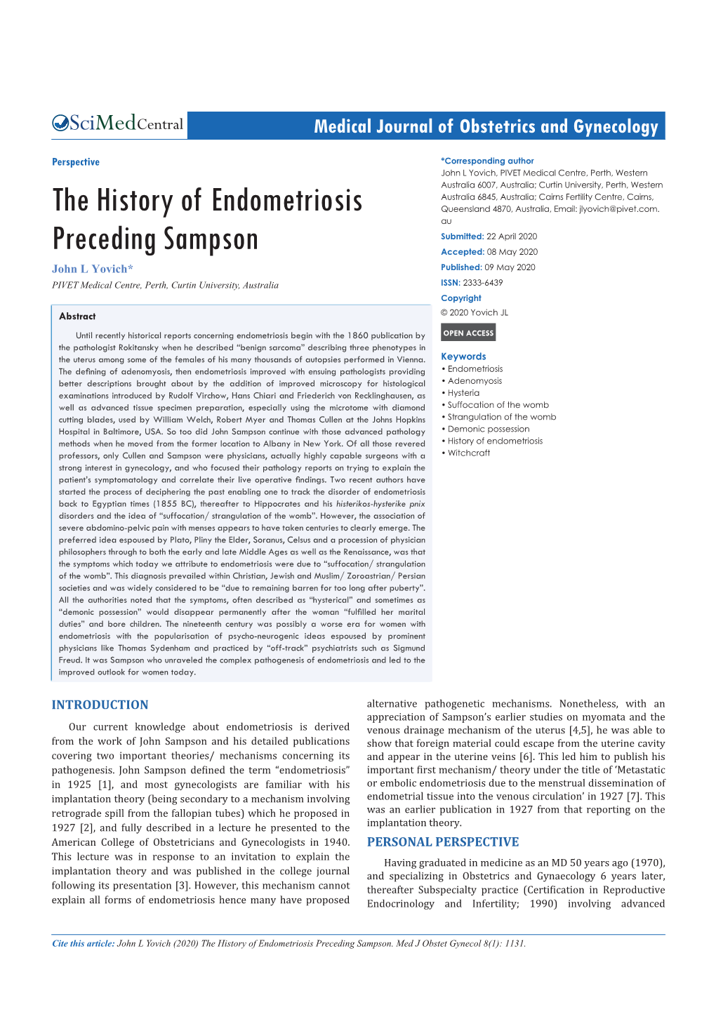 The History of Endometriosis Preceding Sampson