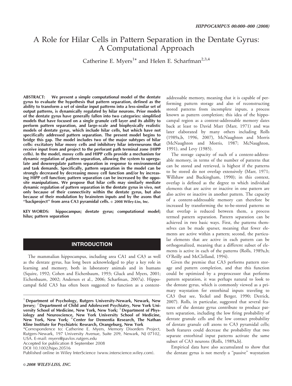 A Role for Hilar Cells in Pattern Separation in the Dentate Gyrus: a Computational Approach